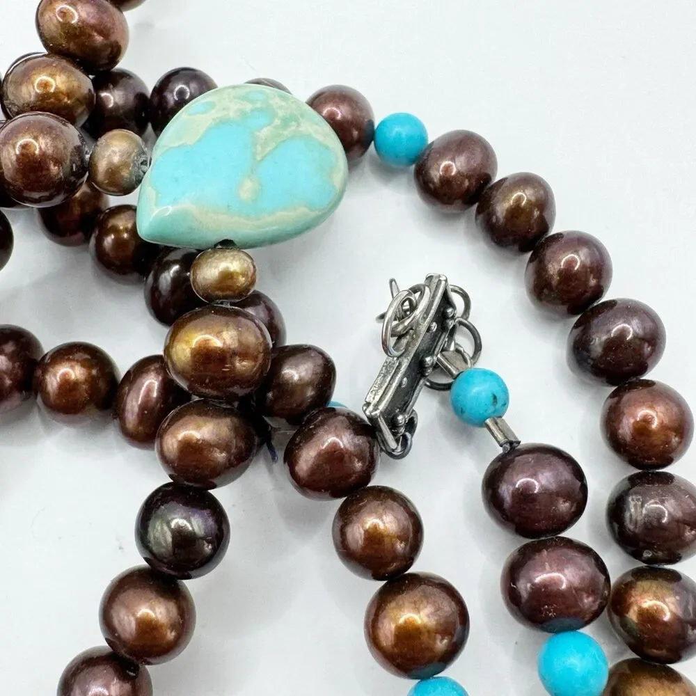 Turquoise Teardrop Bronze Pearl Double Strand Necklace Sterling Silver Bohemian